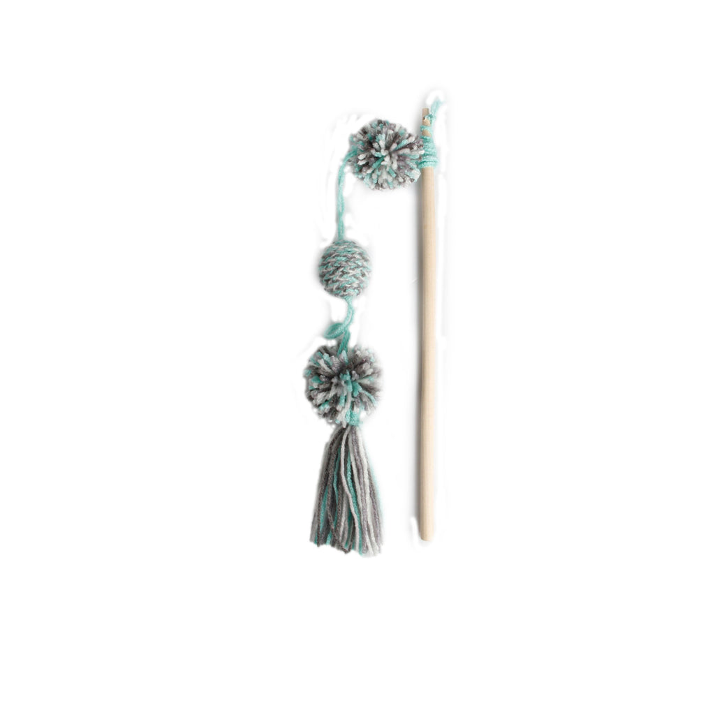 AFP Cat Toy Knotty Habit Yarn Pom Pom Wand Grey