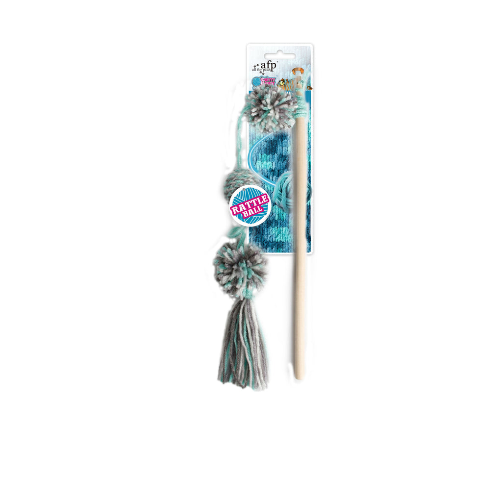AFP Cat Toy Knotty Habit Yarn Pom Pom Wand Grey