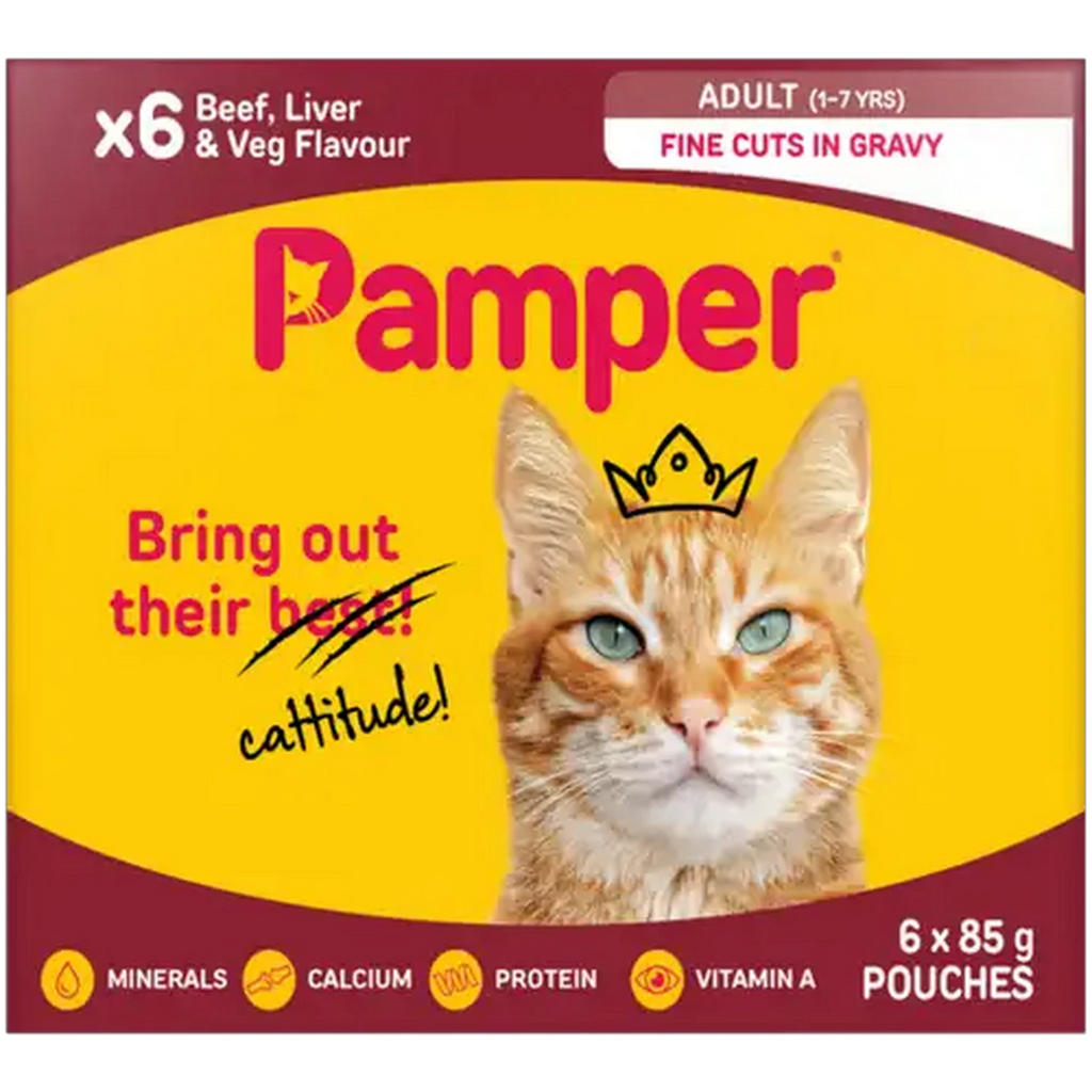 Pamper Beef Liver & Veg Flow Pack Wet Cat Food 6x85g
