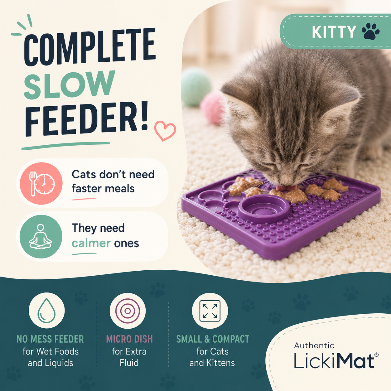 LickiMat Kitty Cat Slow Feeder & Enrichment Mat for Kittens